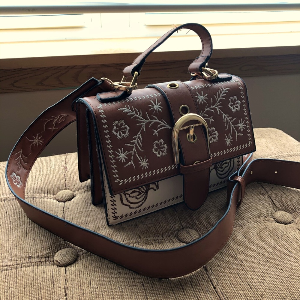 brown floral embroidered crossbody bag